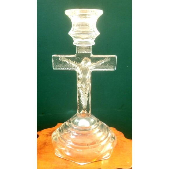Vintage Pressed Glass Crucifix Cross Taper Candlesticks Holder Clear/Frosted - Picture 3 of 4